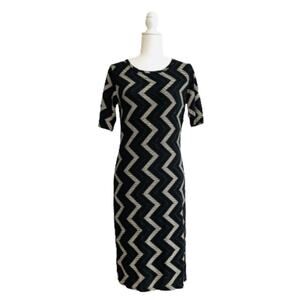 LuLaRoe Dress Julia Black Gold Glitter Chevron 1/2 Sleeve Elegant Medium NEW